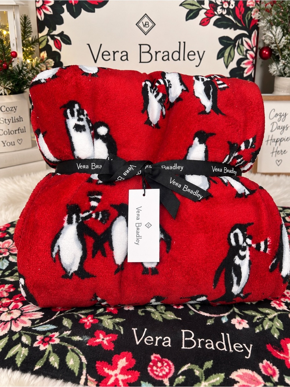 Vera Bradley Playful Penguins Plush Throw Blanket Red 50” x 80” NWT